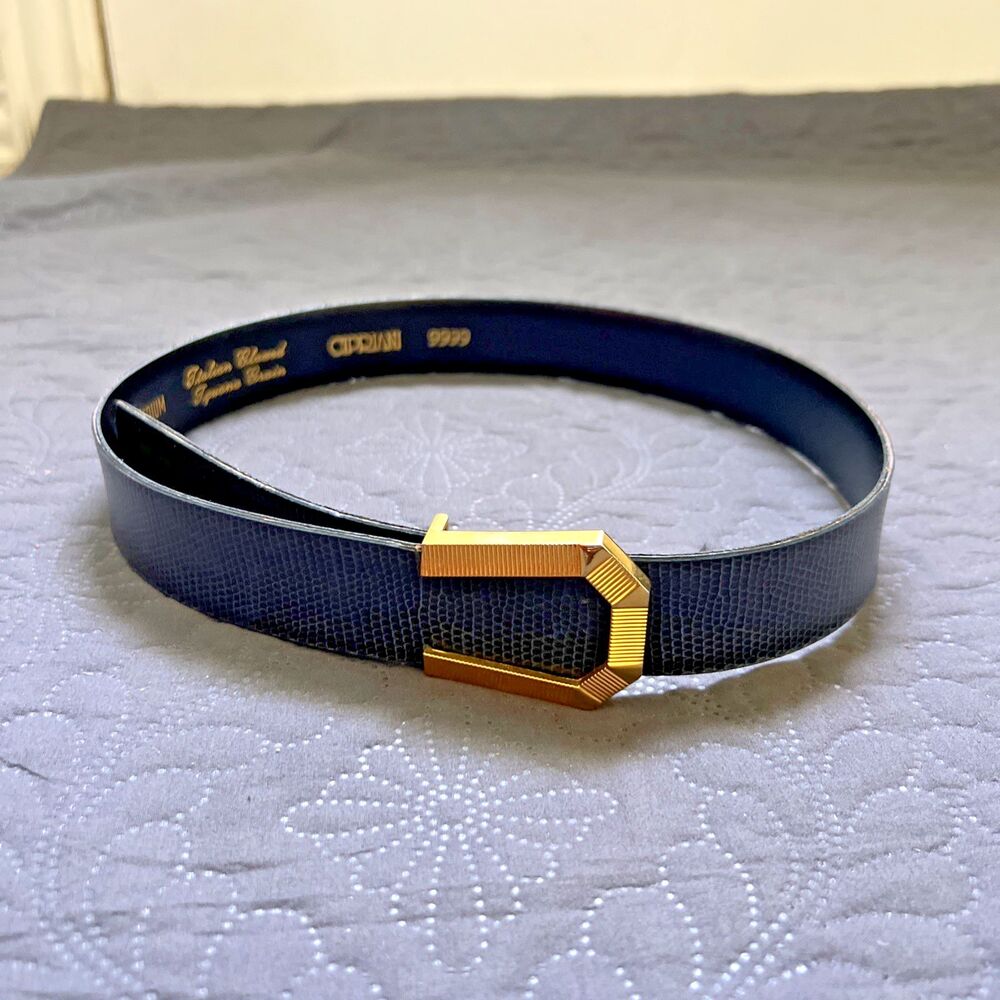 VTG CIPRIANI Italian Glazed Iguana Grain Leather Belt Navy w/Gold Buckle SZ M